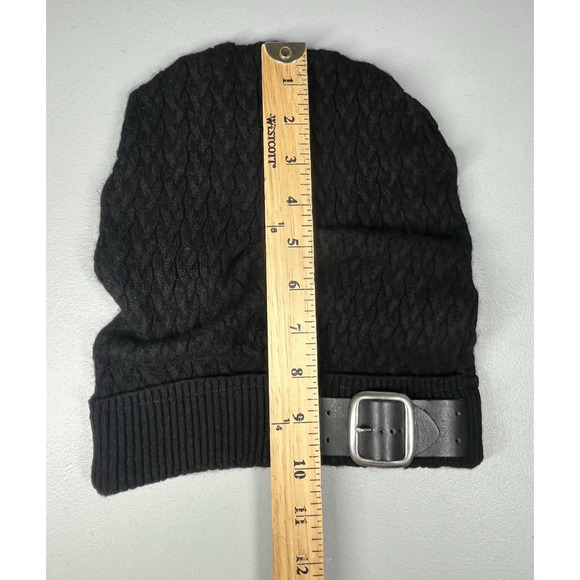 Cable Knit Cashmere Slouchy Beanie Hat OS Black Buckle Designer Luxury Made USA - Picture 6 of 7